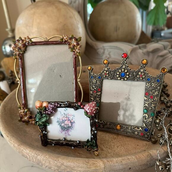 3 Enameled Metal Floral Photo Frames table top mini small crown crystals set - Picture 1 of 16